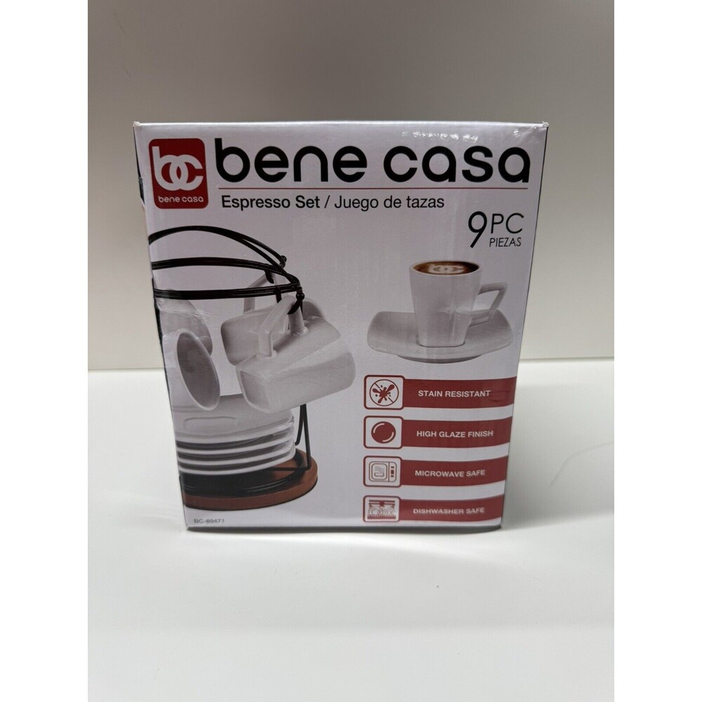 Bene Casa 9 Pc Espresso Set W/Iron Rack & Bamboo Stand Damage Box Product Good